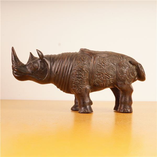 Rhinoceros Cavalry Saddle Sculpture in Solid Brass w/ Patinated Finish