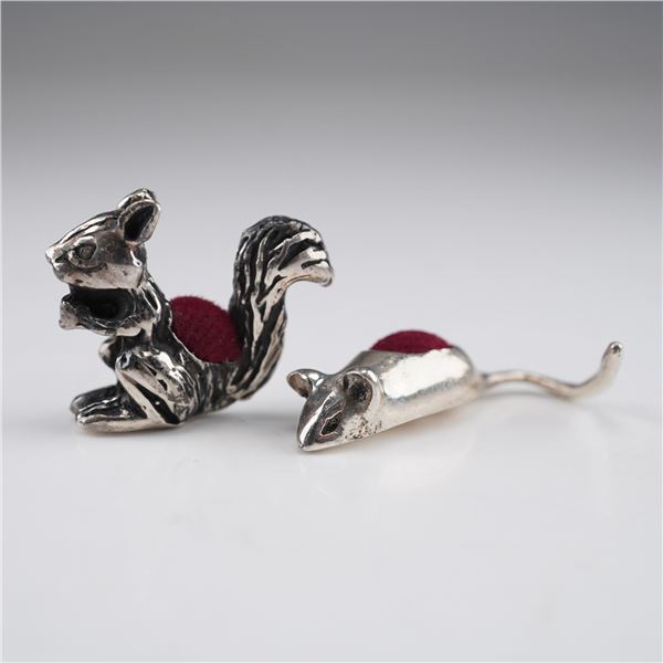 2pc Miniature Sterling Silver Pin Cushions, Mouse and Squirrel