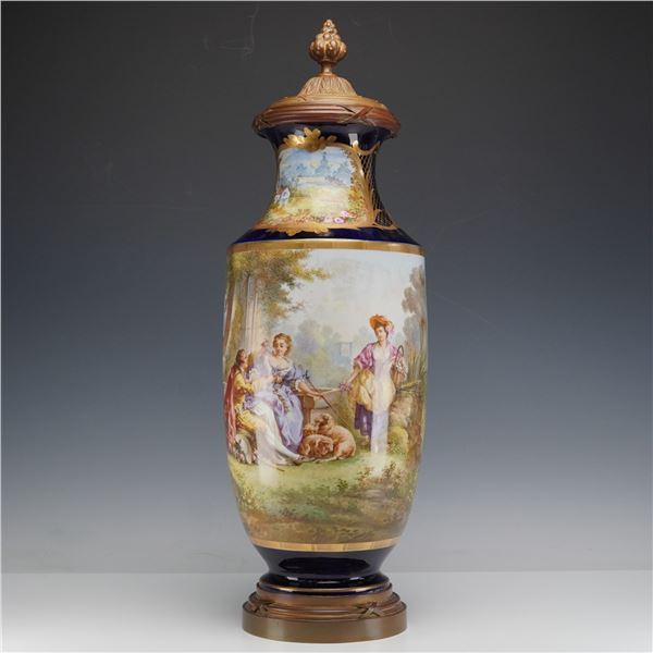 Style of Sevres by Emille Collot Porcelain Lidded Watteau Decor Vase