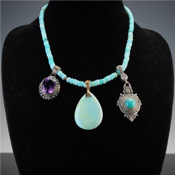 3pc Sterling Silver Beaded and Gemstone Necklace and Pendants