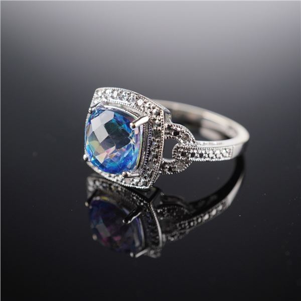 10K White Gold Blue Mystic Topaz and Diamond Ring