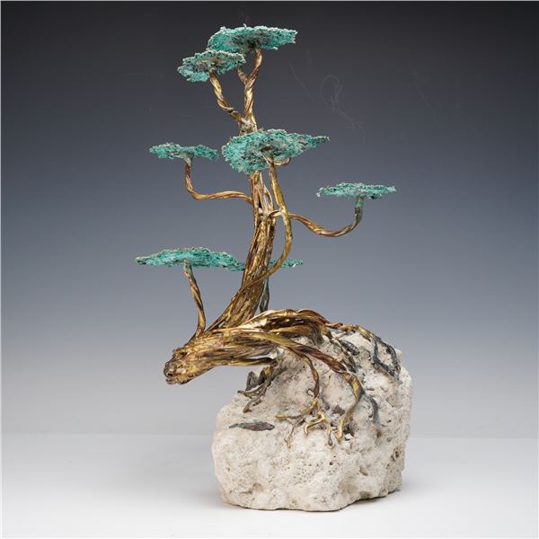 Bonsai Tree Form Metal and Stone Sculpture