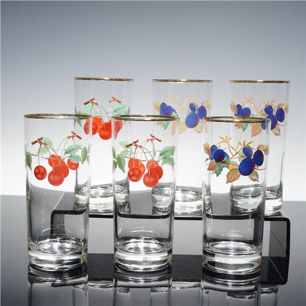 6pc Royal Worcester Cherries and Plums Highball Glasses, Evesham Gold