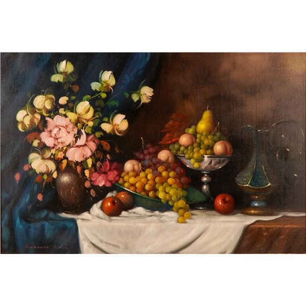 Oil on Canvas Painting, Still Life with Flowers and Fruits, Signed