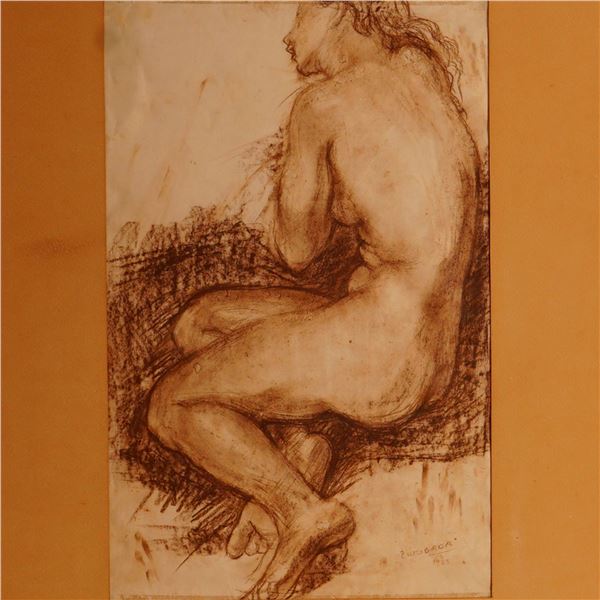 Mid-Century Charcoal Drawing on Paper, Seated Female Nude, Signed Zwobada