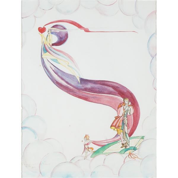 Susan Matthews, Mid-Century Art Deco Watercolor on Paper, Signed