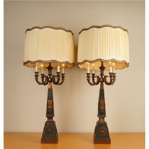 Pair of French Empire Style Bronze & Gilt Applique Candelabra Table Lamps