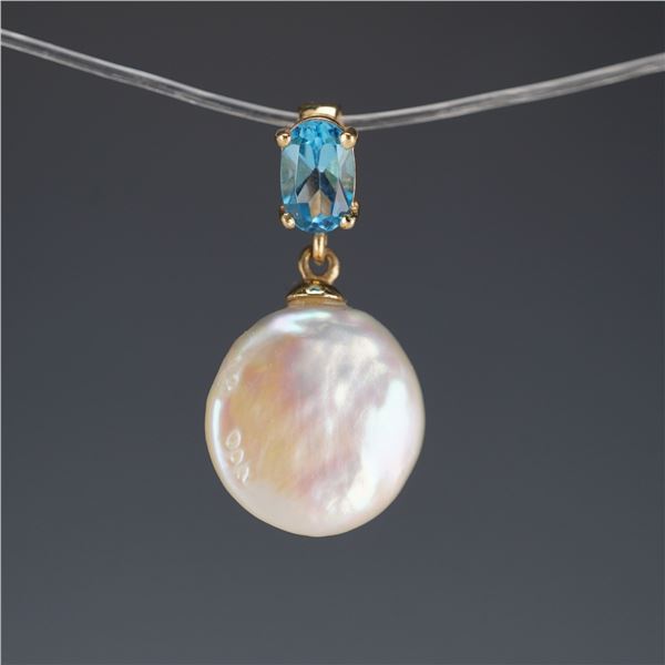 14K Gold Blue Topaz and Cultured Coin Pearl Pendant