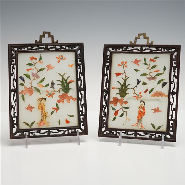 2pc Chinese Hardstone-Inlaid Panels