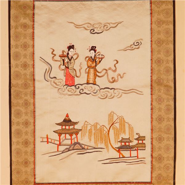 Chinese Silk Embroidery on Silk, Immortal Maidens Scene
