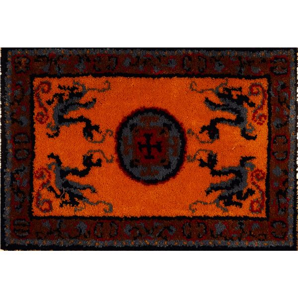 Framed Handwoven Wool Rug with Stylized Dragon Motif
