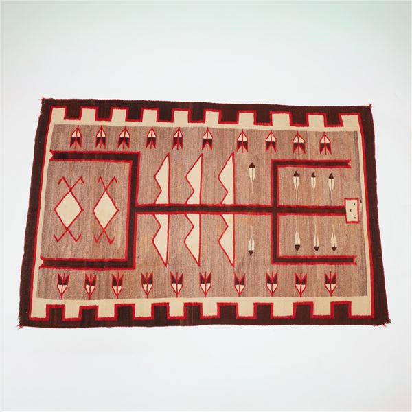 Mid-Century Navajo Handwoven Wool Rug w/ Arrows & Geometric Designs