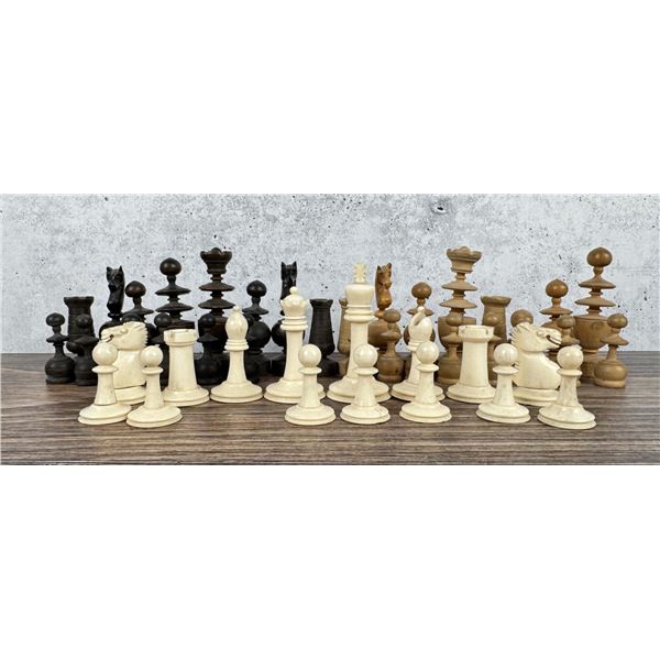 Victorian Carved Wood and Bone Chess Pieces