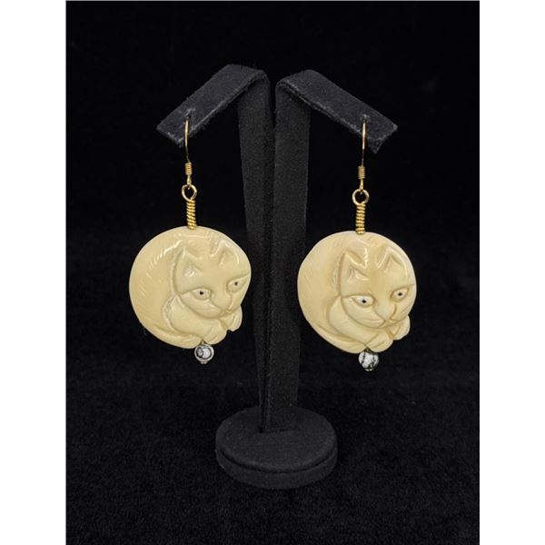 Carved Nut Cat Earrings