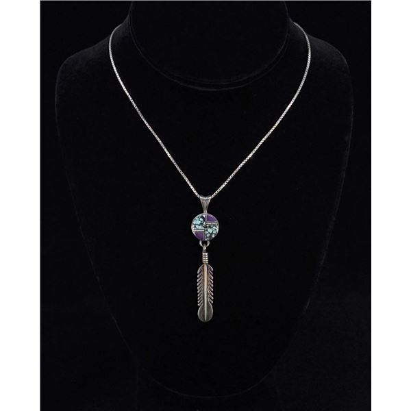 Zuni Inlaid Sterling Silver Feather Necklace