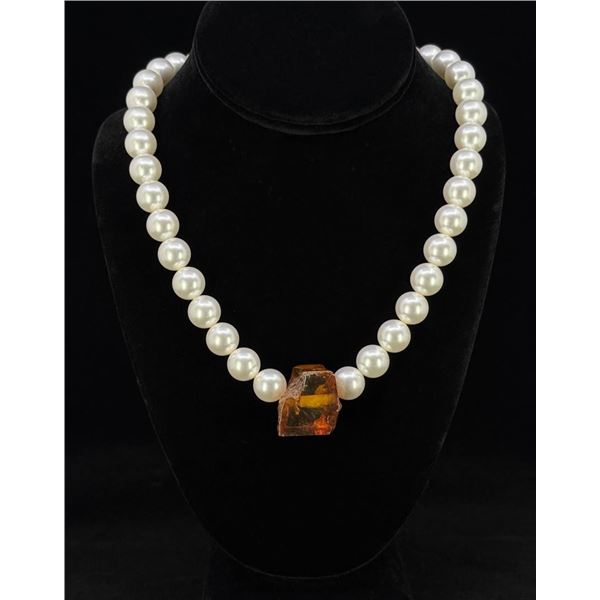 Zuni Sterling Faux Pearl Baltic Amber Necklace