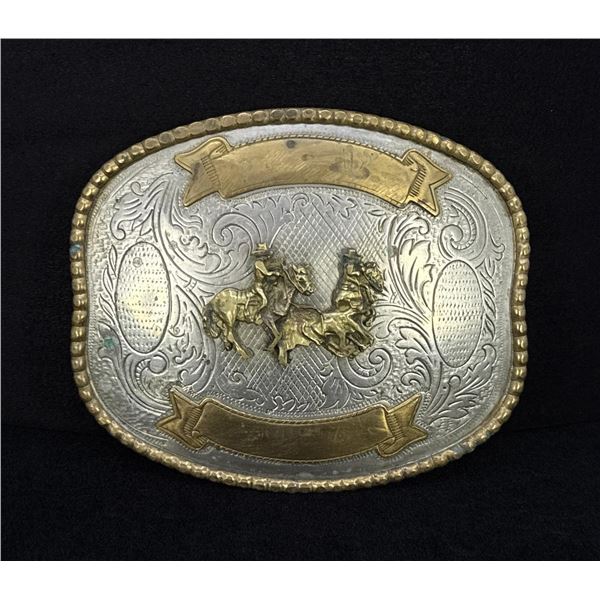 German Silver Calf Roping Cowboy Belt Buckle