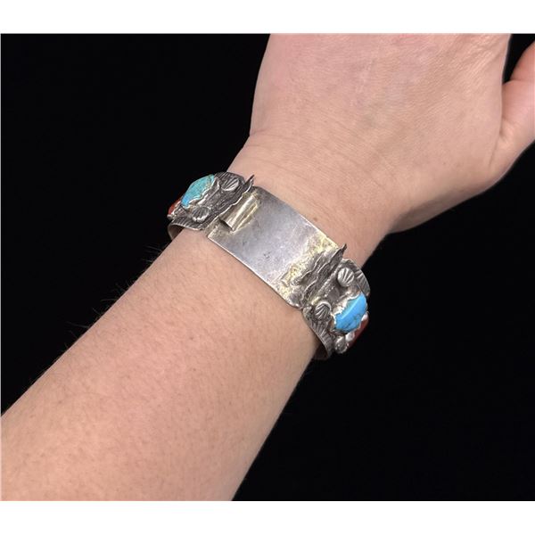 Navajo Sterling Coral Turquoise Watch Bracelet