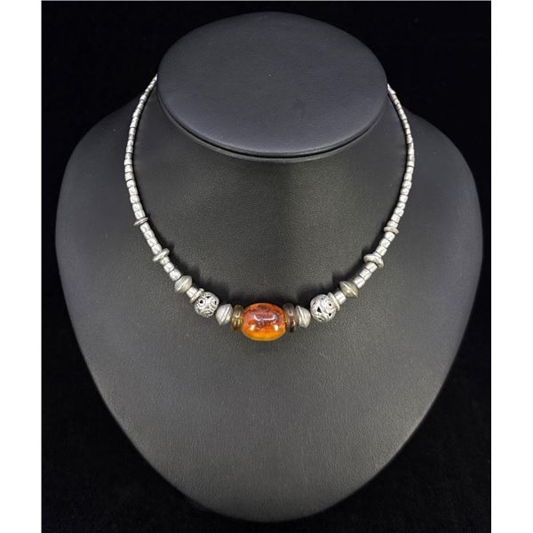 Baltic Amber African Silver Bead Necklace