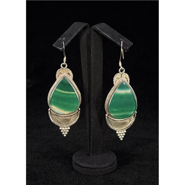 Taxco Mexico Sterling Silver Green Agate Earrings