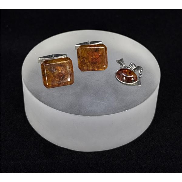Baltic Amber Sterling Silver Cufflinks and Pendant