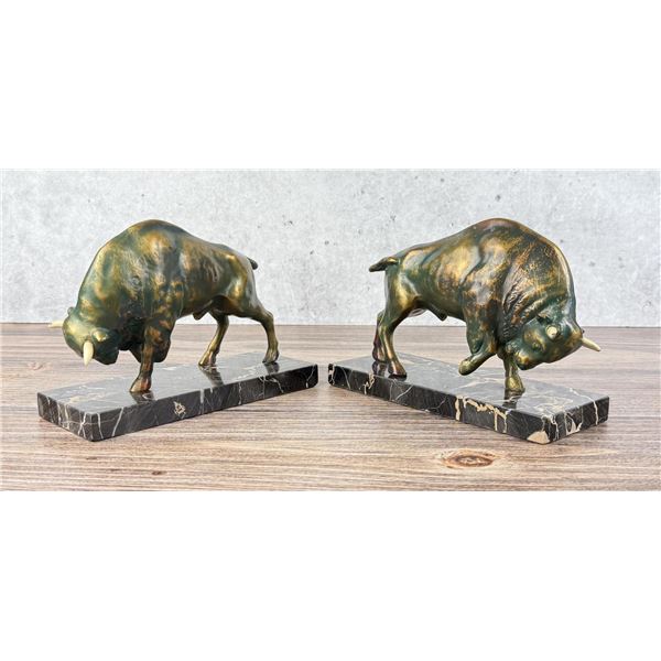 Art Deco Marble Bull Stock Market Bookends