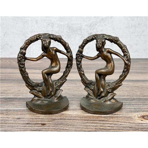 Art Nouveau Nude in Wreath Cast Iron Bookends