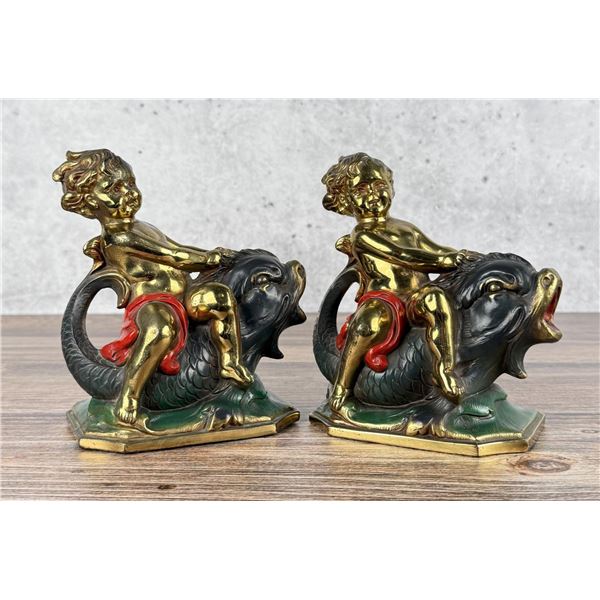 Cupid Riding a Dolphin Bookends