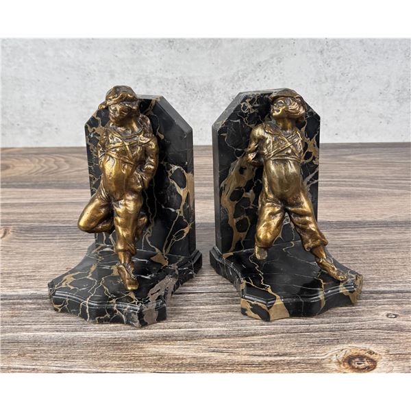 Art Deco Bronze & Marble Reclining Boy Bookends