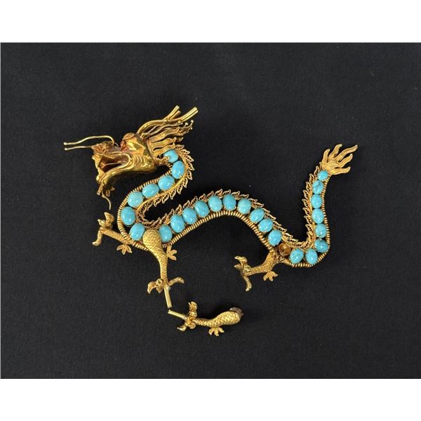 Chinese 14k Gold and Turquoise Dragon
