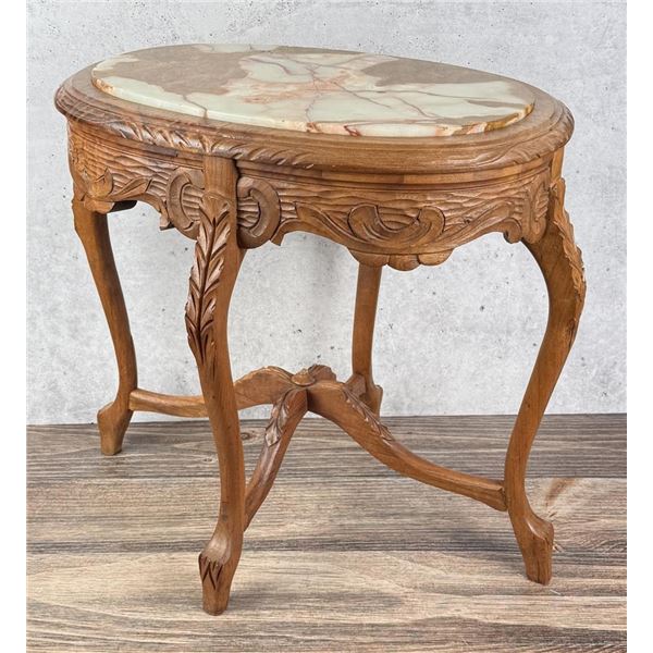 French Marble Top Carved Wood Side Table