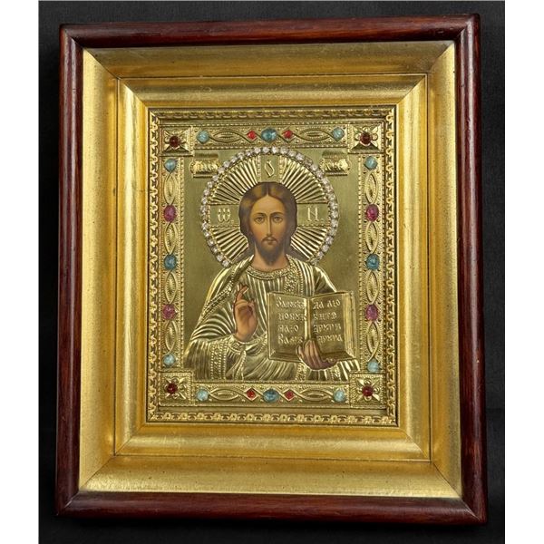 Russian Oklad Jeweled Christ Pantocrator Icon
