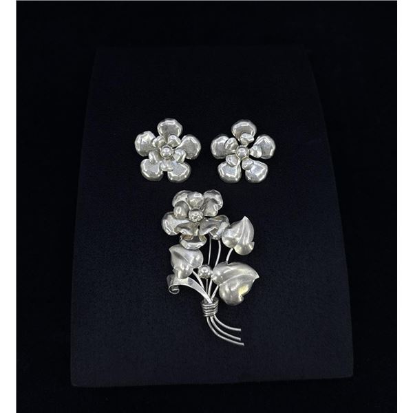 Sterling Silver Floral Brooch and Earrings