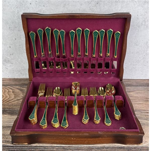 Gold Tone and Green Enamel Flatware Set