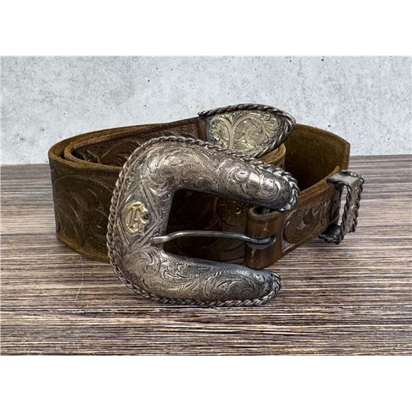 Sterling Silver Cowboy Tooled Leather Belt Buckle