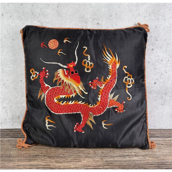Antique Chinese Silk Dragon Embrodiered Pillow