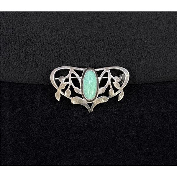 Art Nouveau Amazonite Sterling Silver Brooch Pin