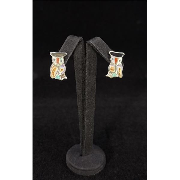 Zuni Sterling Silver Stone Inlaid Owl Earrings