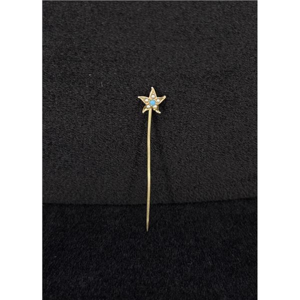 10k Gold Seed Pearl Turquoise Stick Pin