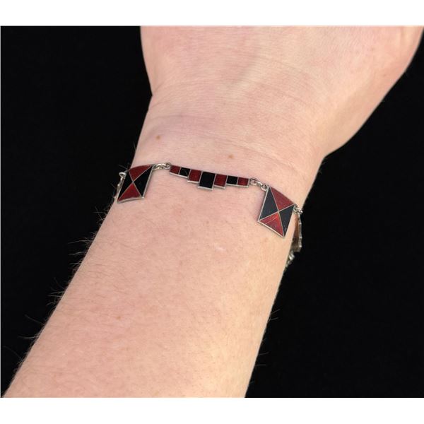 Art Deco Sterling Silver Red Black Enamel Bracelet