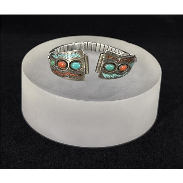 Navajo Sterling Silver Turquoise Coral Watch Band