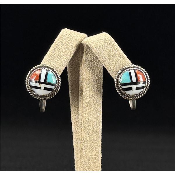Zuni Inlaid Sterling Silver Sunface Earrings