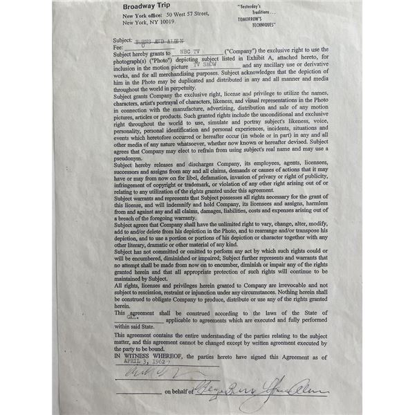 George Burns and Gracie Allen 1962 Broadway Trip signed contract