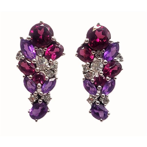 Rhodolite, Amethyst, and Zircon Cluster Earrings