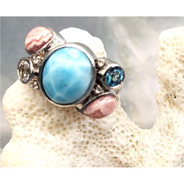 Larimar & Rhodochrosite Ring — Sterling Silver .925
