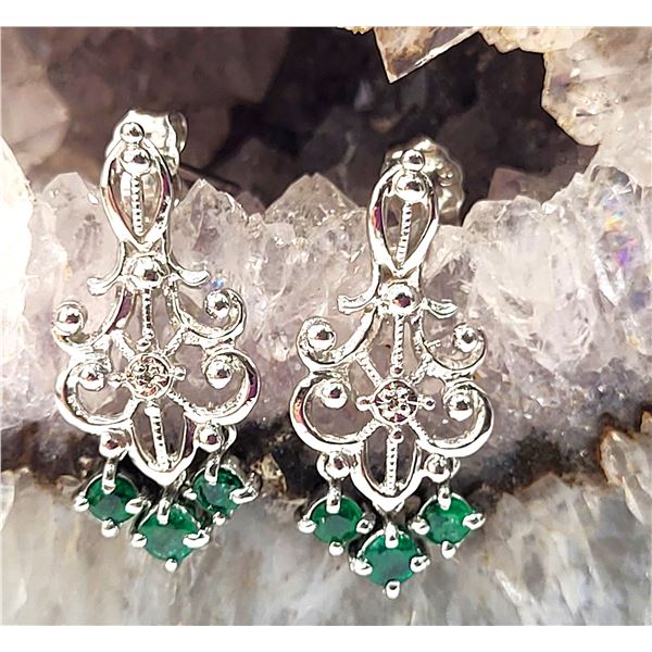 14K White Gold Emerald & Diamond Festoon Earrings