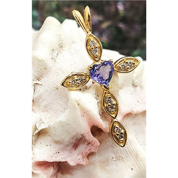 14K Yellow Gold Tanzanite & Diamond Cross Pendant