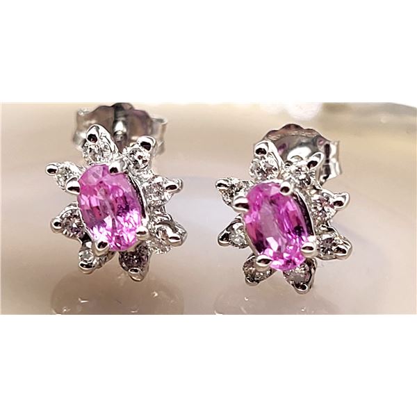 14K White Gold Pink Sapphire and Diamond Halo Earrings