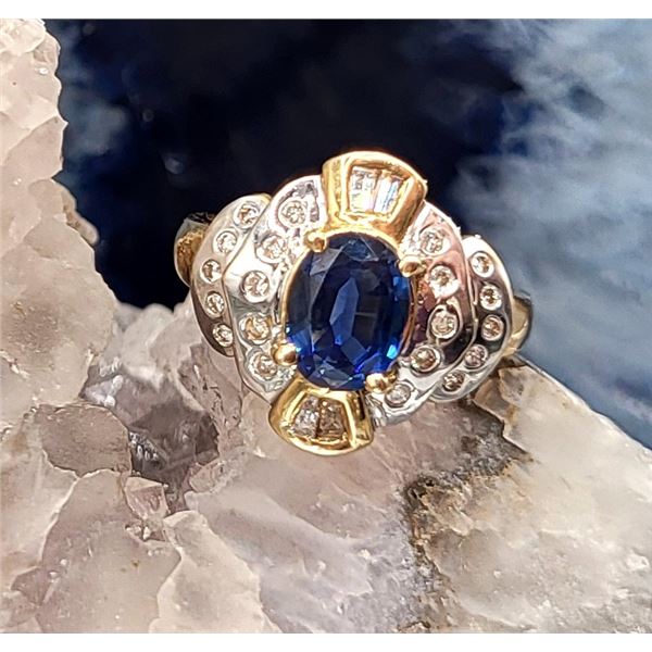 Contemporary Blue Sapphire and Diamond 2-Tone Ring