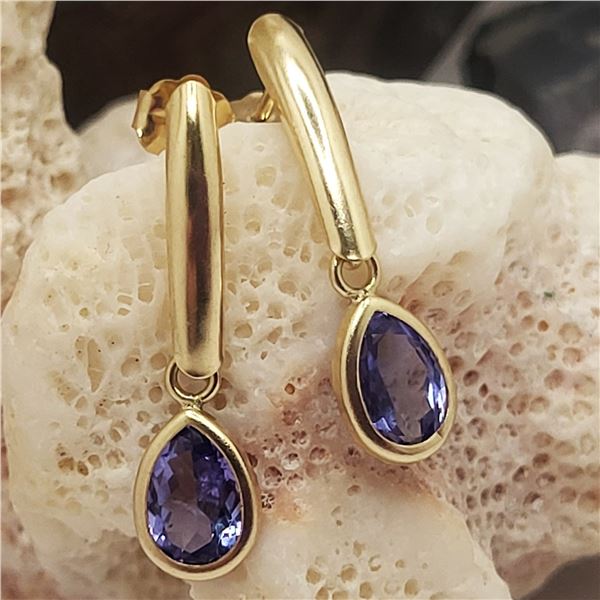 14K Yellow Gold Dangling Tanzanite Earrings